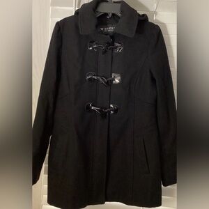 GUESS Women's Elegant Black Wool Blend Pea Coat With Removable Hood Size Large